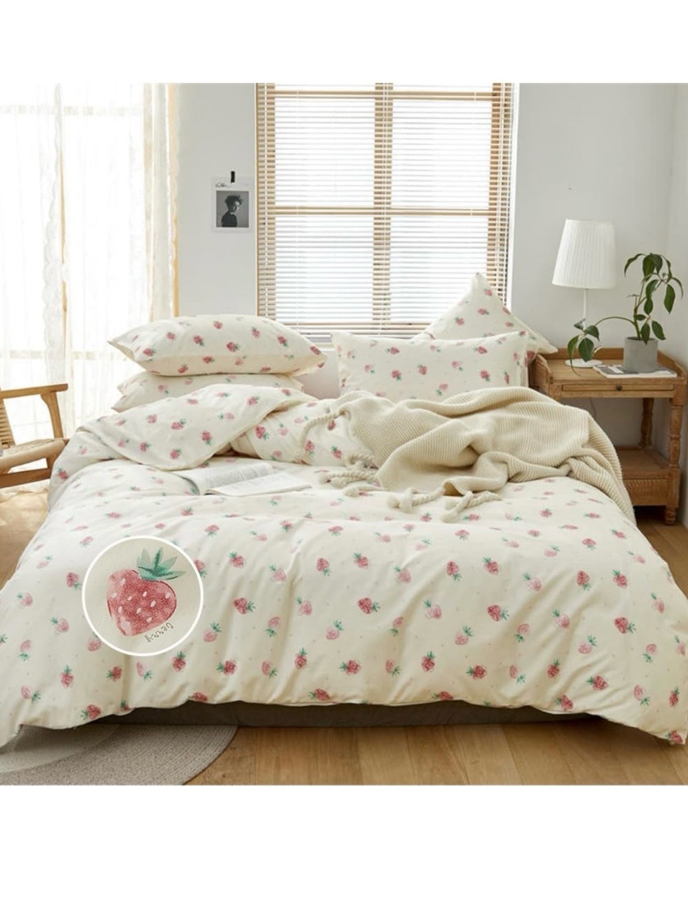 100% Cotton Queen Strawberry Print Cotton Bedding Duvet Cover Set-EUC